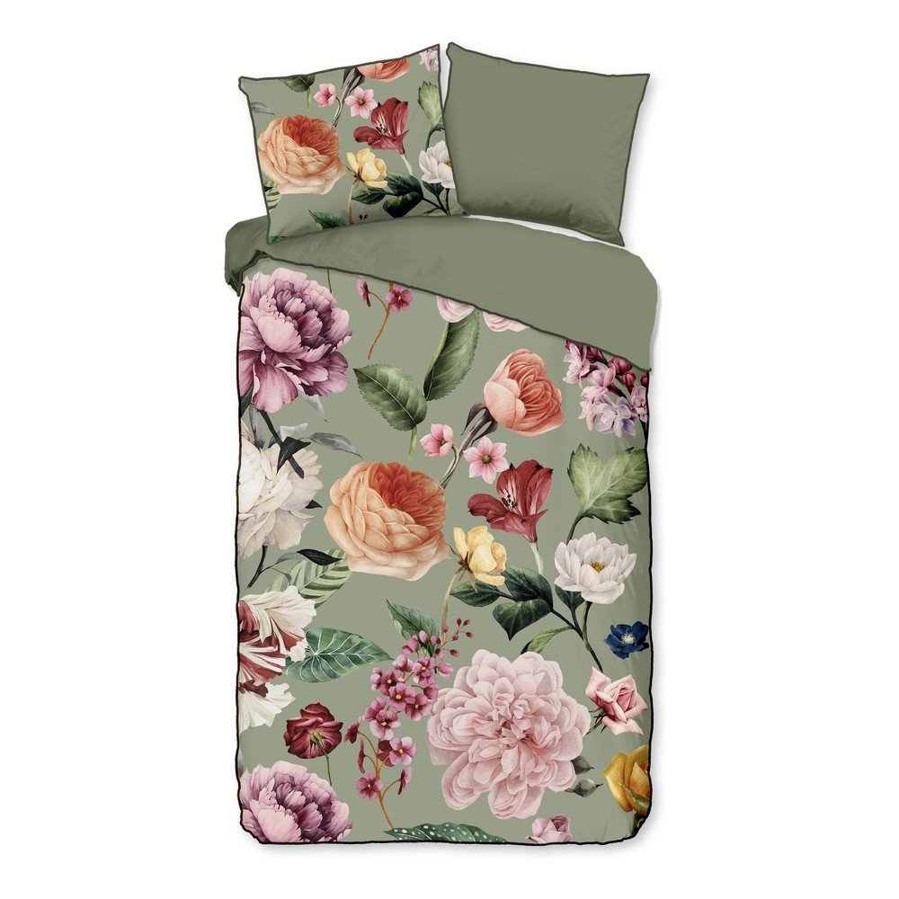 Zöld egyszemélyes-hosszabbított pamut-szatén ágyneműhuzat 140x220 cm Fiori – Descanso