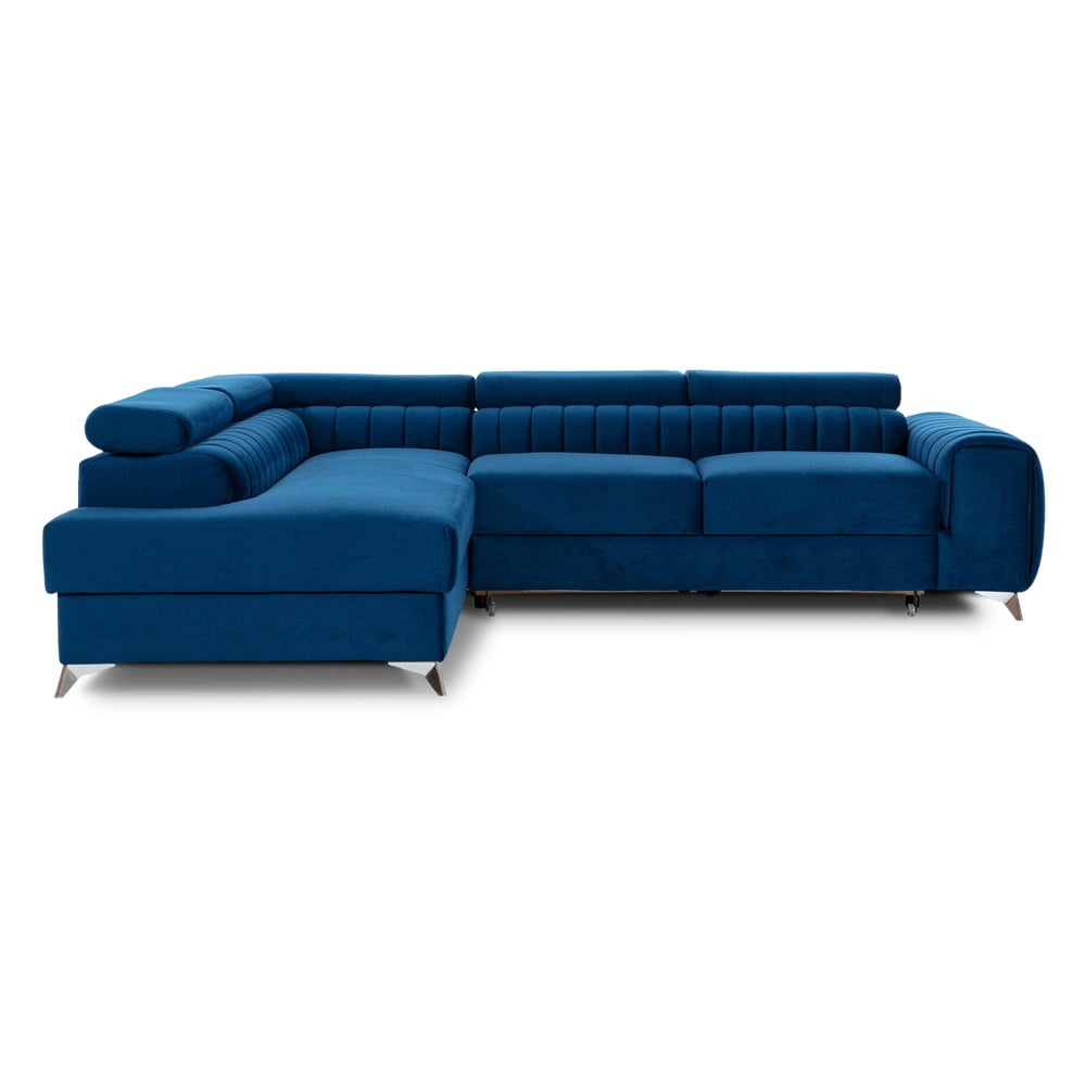 Kék bársony kinyitható-tárolóhelyes sarokkanapé (bal oldali-L alakú) Laurence – ELTAP