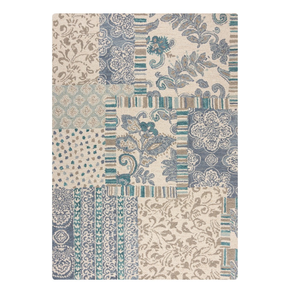 Kék-bézs kézi szövésű gyapjú szőnyeg 120x170 cm Eloise Patchwork – Flair Rugs