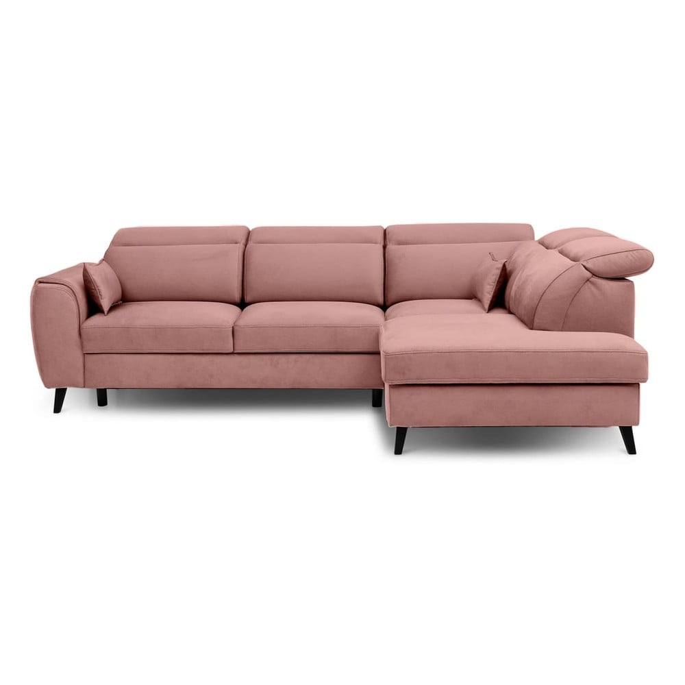 Rózsaszín bársony kinyitható-tárolóhelyes sarokkanapé (jobb oldali-L alakú) Noble – ELTAP