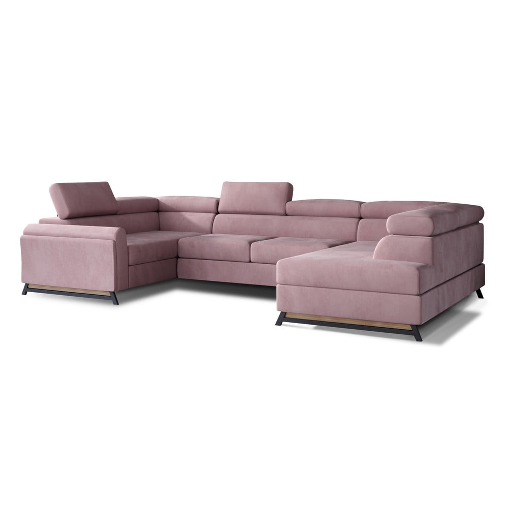 Rózsaszín bársony kinyitható-tárolóhelyes sarokkanapé (jobb oldali-U alakú) Escada – ELTAP