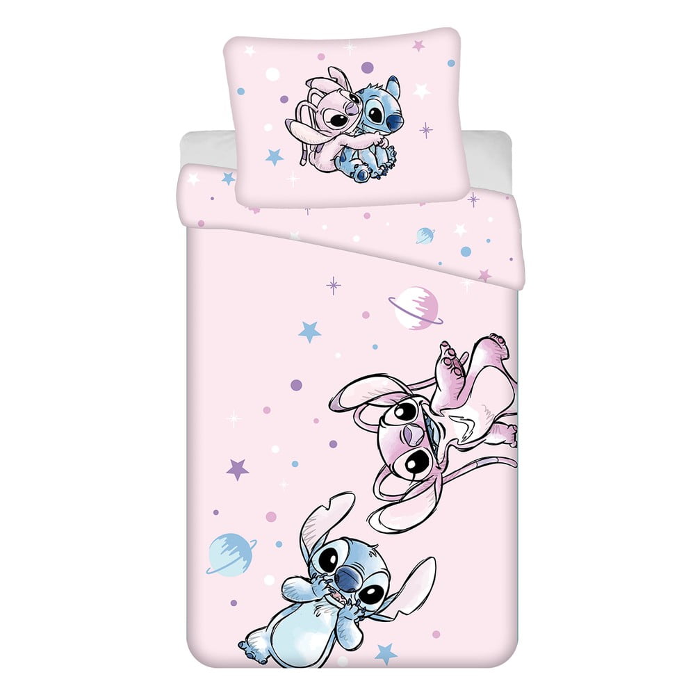 Rózsaszín egyszemélyes pamut gyerek ágyneműhuzat 140x200 cm Lilo a Stitch "Universe" – Jerry Fabrics