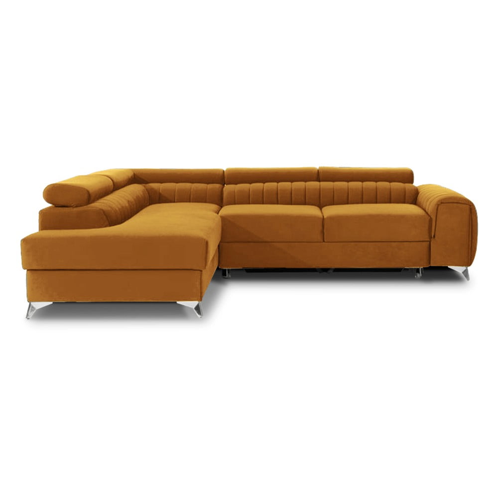 Sárga bársony kinyitható-tárolóhelyes sarokkanapé (bal oldali-L alakú) Laurence – ELTAP