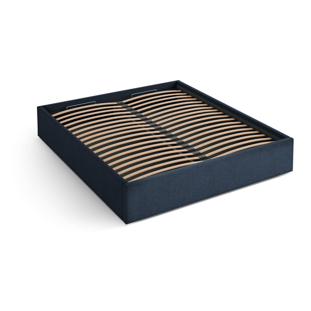 Sötétkék kárpitozott ágyneműtartós-ágytámla nélkül franciaágy ágyráccsal 160x200 cm Susan – Micadoni