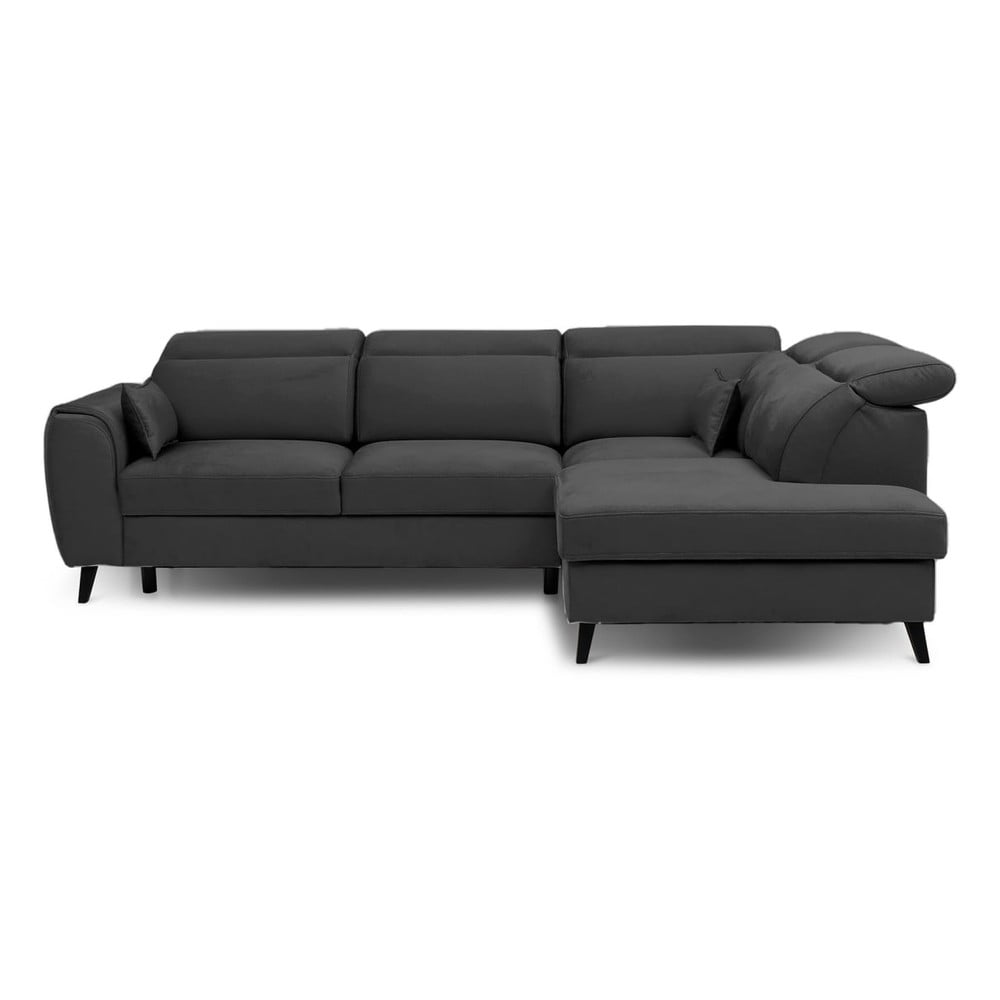 Sötétszürke bársony kinyitható-tárolóhelyes sarokkanapé (jobb oldali-L alakú) Noble – ELTAP