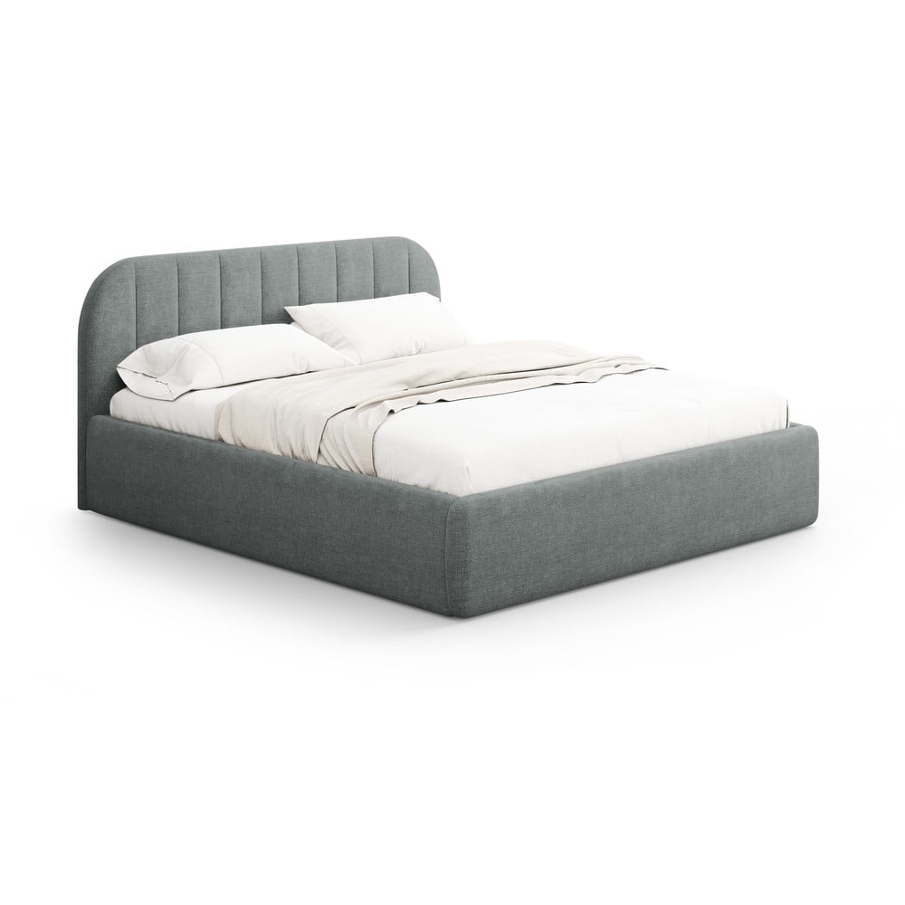 Sötétszürke kárpitozott ágyneműtartós franciaágy ágyráccsal 160x200 cm Juno – Windsor & Co Sofas
