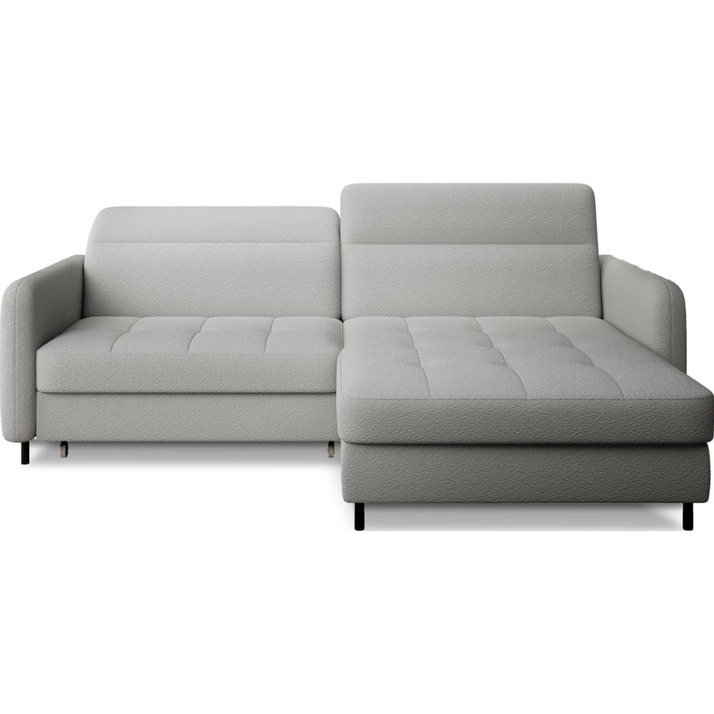 Szürke buklé kinyitható-tárolóhelyes sarokkanapé (jobb oldali-heverő résszel) Gomsi – ELTAP