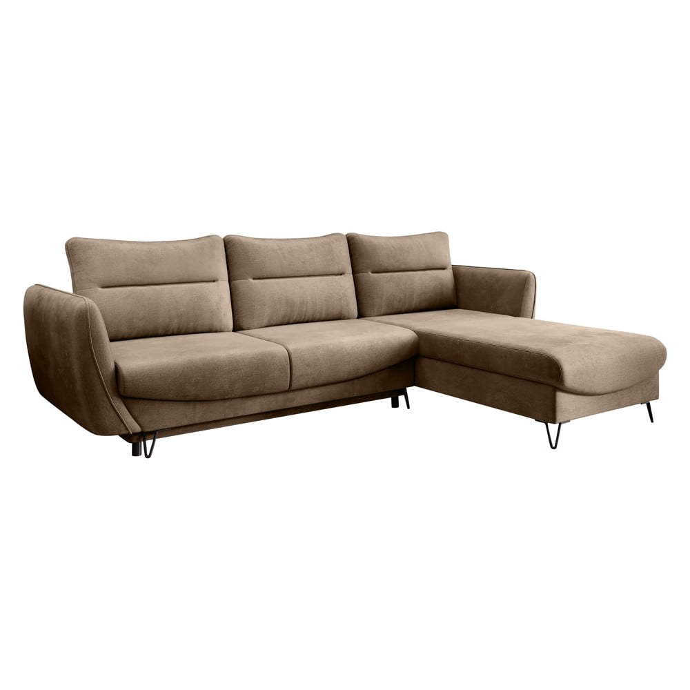 Világosbarna bársony kinyitható-tárolóhelyes sarokkanapé (jobb oldali-heverő résszel) Silva – ELTAP