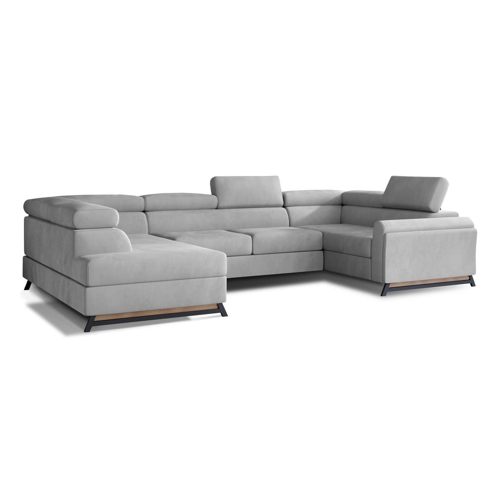 Világosszürke bársony kinyitható-tárolóhelyes sarokkanapé (bal oldali-U alakú) Escada – ELTAP