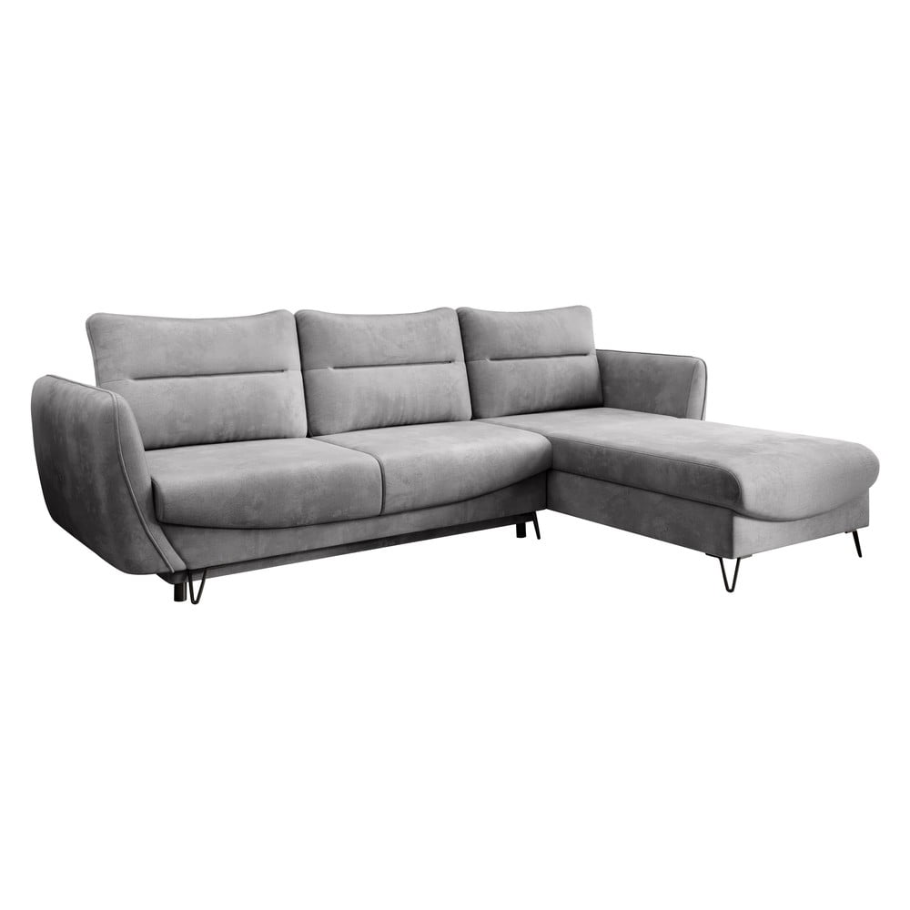 Világosszürke bársony kinyitható-tárolóhelyes sarokkanapé (jobb oldali-heverő résszel) Silva – ELTAP