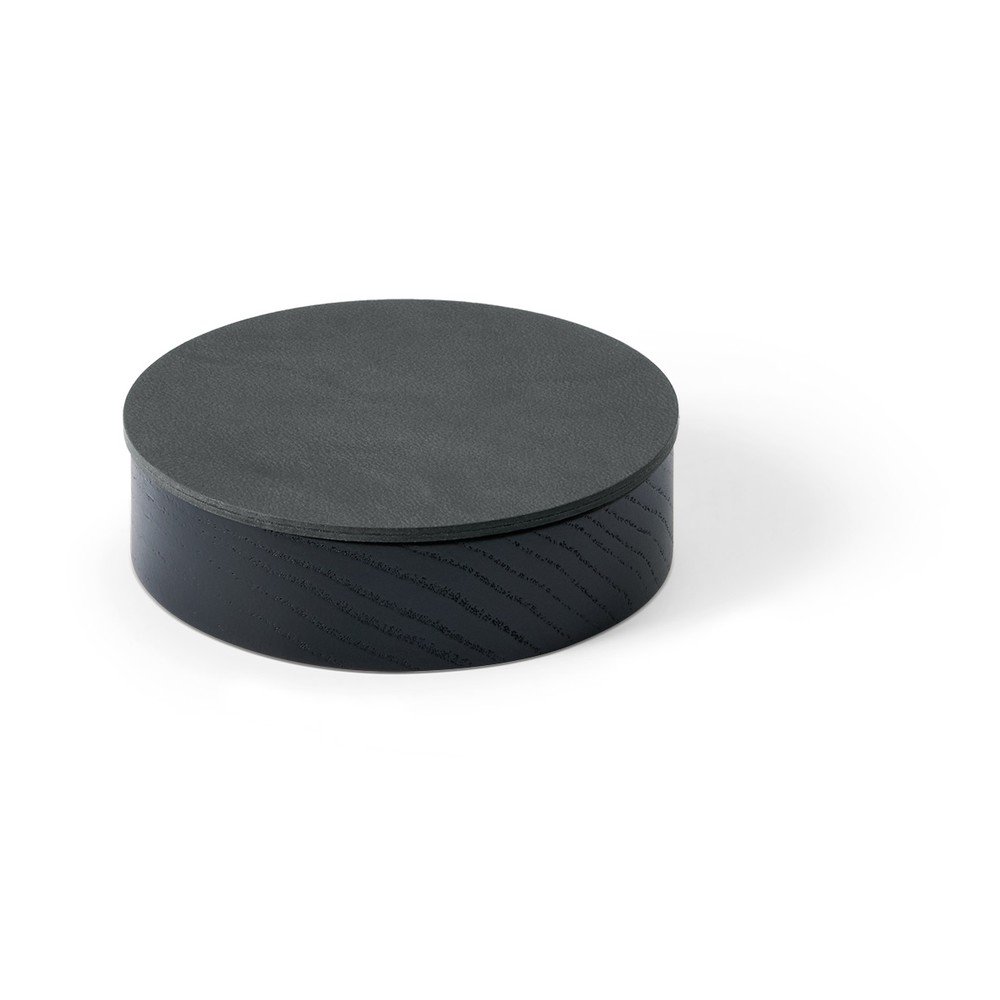 Fekete-antracitszürke fedeles-dekoratív fa-öko bőr tárolódoboz ø 11x3