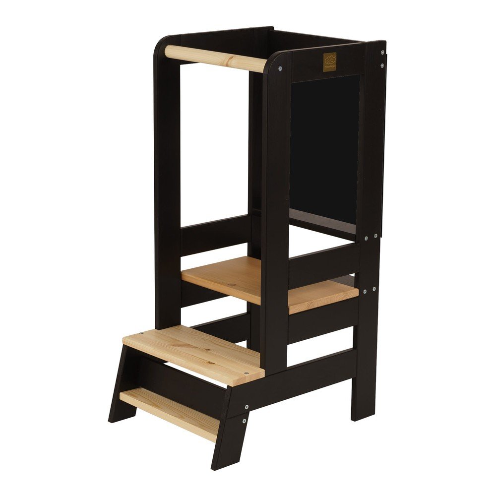 Fekete-natúr színű borovi fenyő tanulótorony Montessori – Meowbaby