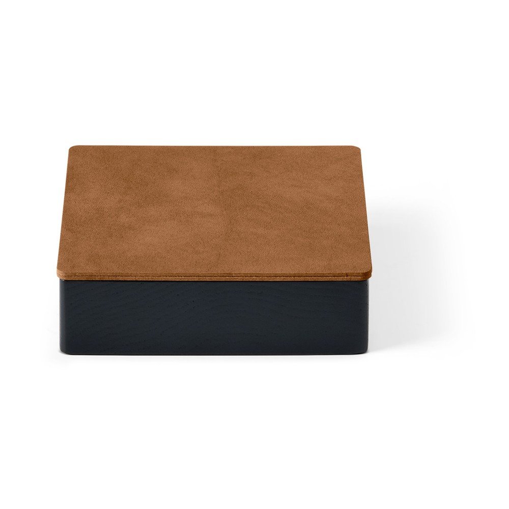 Fekete-natúr színű fedeles-dekoratív fa-öko bőr tárolódoboz 11x11x3