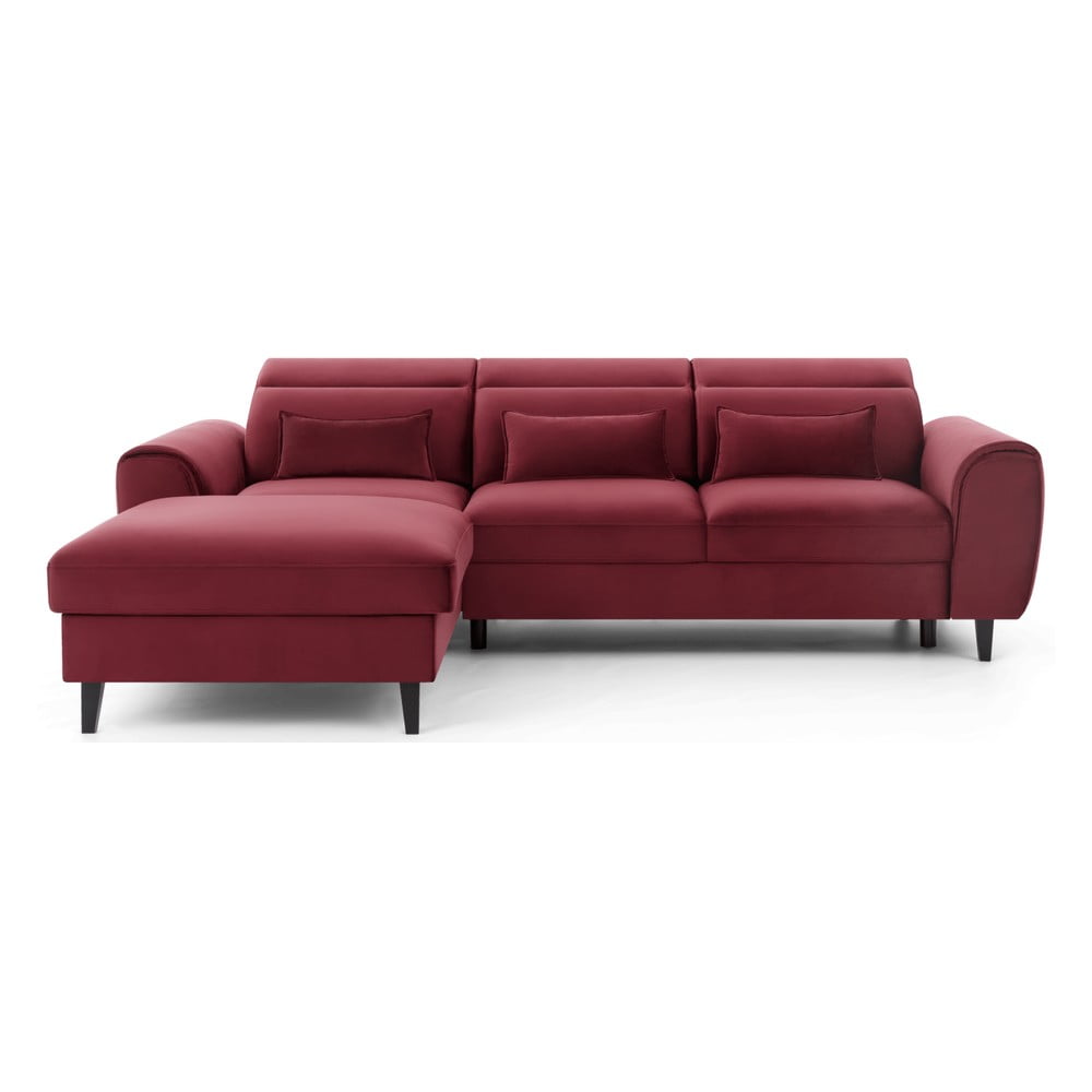 Piros bársony kinyitható-tárolóhelyes sarokkanapé (bal oldali-heverő résszel) Foble – ELTAP