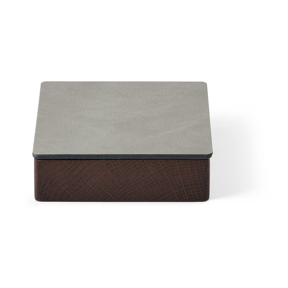 Világosszürke-barna fedeles-dekoratív fa-öko bőr tárolódoboz 11x11x3