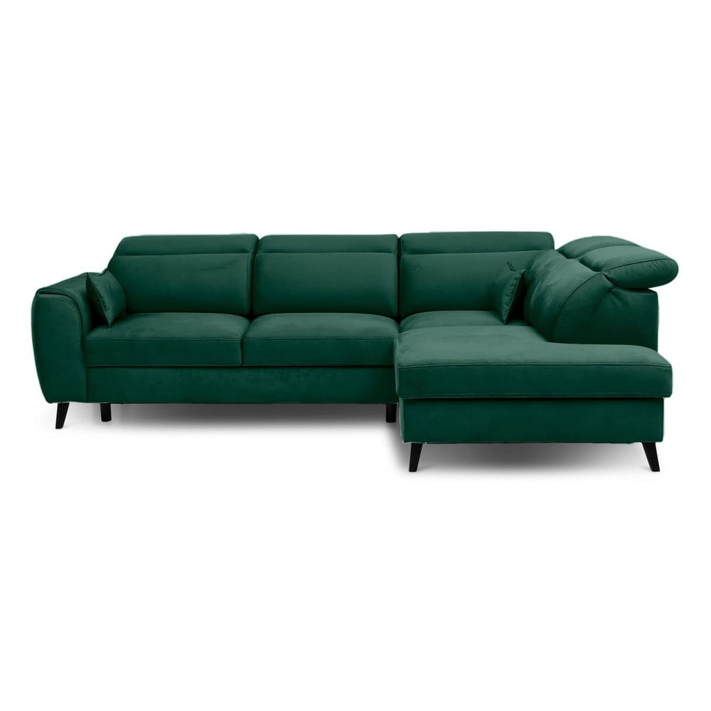 Zöld bársony kinyitható-tárolóhelyes sarokkanapé (jobb oldali-L alakú) Noble – ELTAP