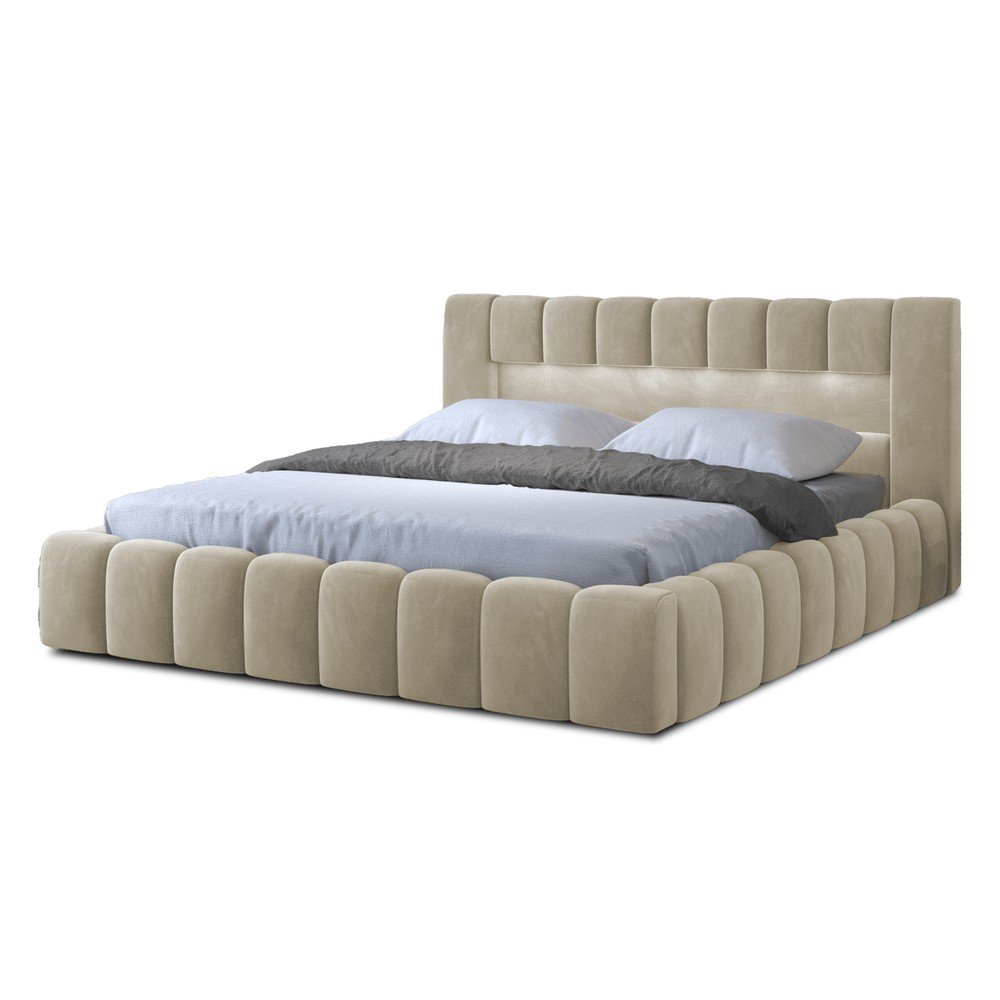 Bézs kárpitozott ágyneműtartós franciaágy ágyráccsal 140x200 cm Lamica – ELTAP