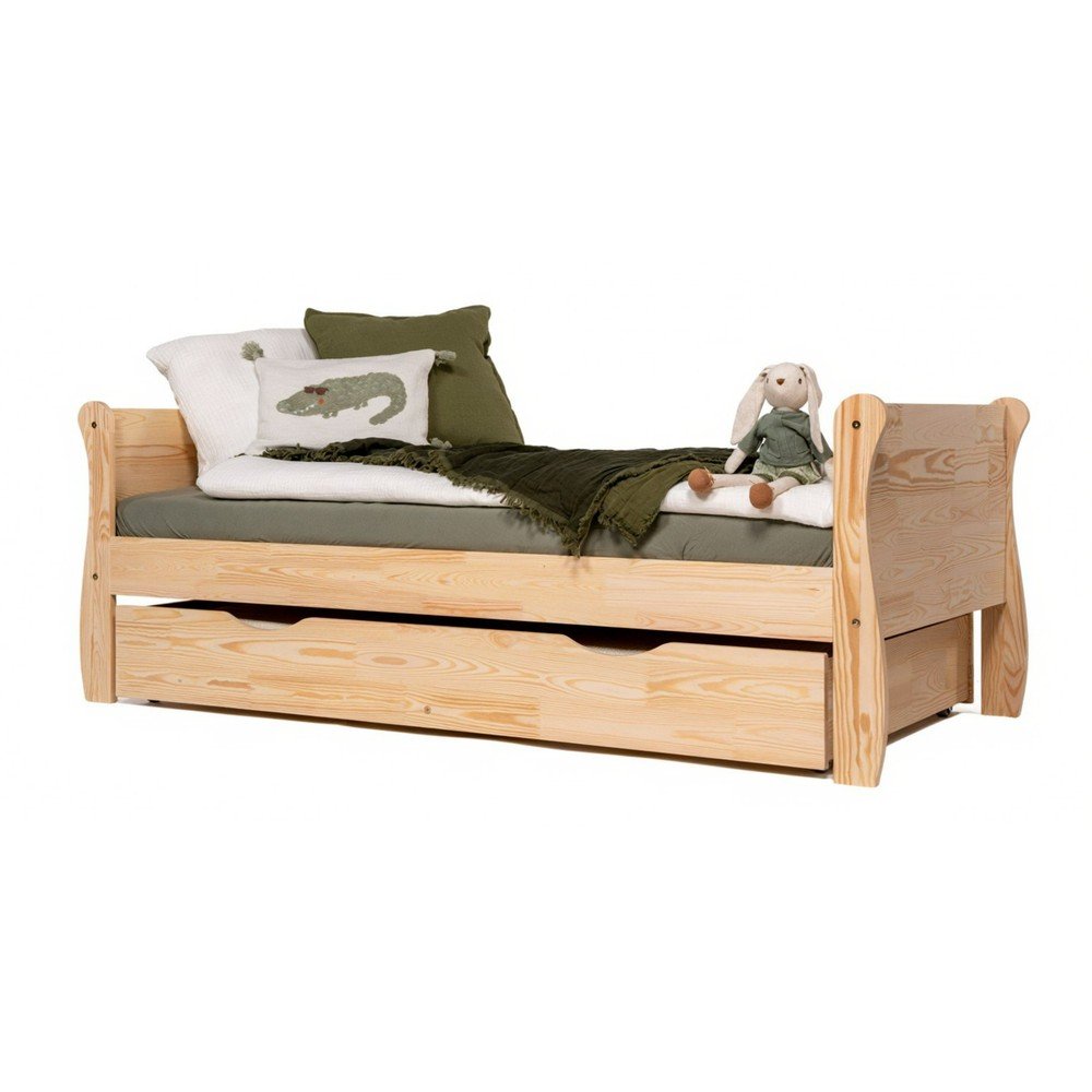 Natúr színű borovi fenyő ágyneműtartós gyerekágy kihúzható pótággyal ágyráccsal 70x140 cm Roma – Adeko