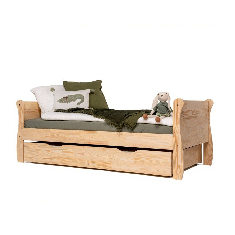 Natúr színű borovi fenyő ágyneműtartós gyerekágy kihúzható pótággyal ágyráccsal 90x200 cm Roma – Adeko