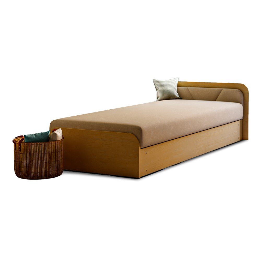 Okkersárga-bézs kárpitozott-forgácslemez ágyneműtartós egyszemélyes ágy matraccal 80x190 cm Parys – ELTAP