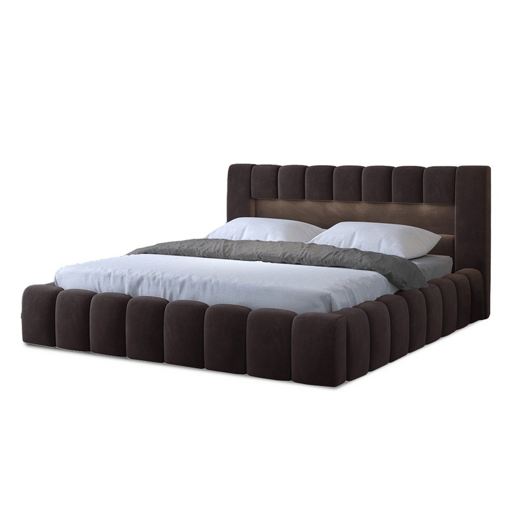 Sötétbarna kárpitozott ágyneműtartós franciaágy ágyráccsal 140x200 cm Lamica – ELTAP