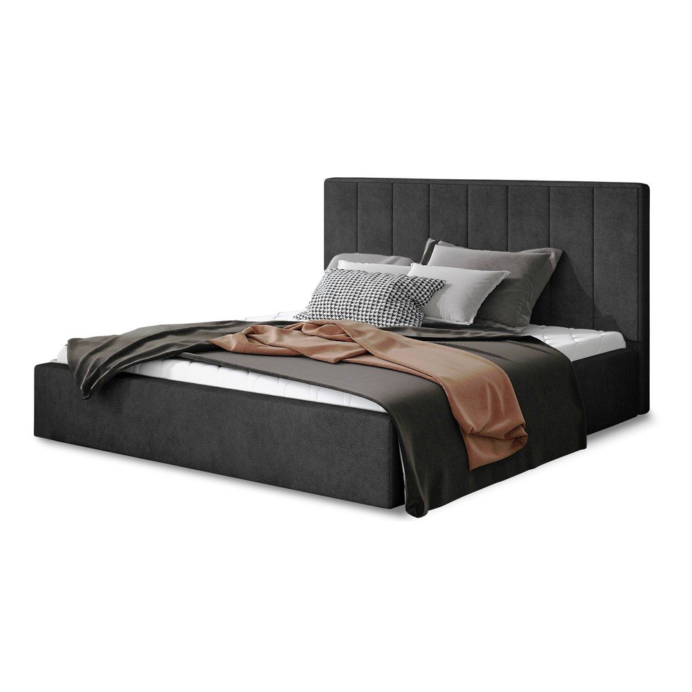 Sötétszürke kárpitozott ágyneműtartós franciaágy ágyráccsal 140x200 cm Audrey – ELTAP