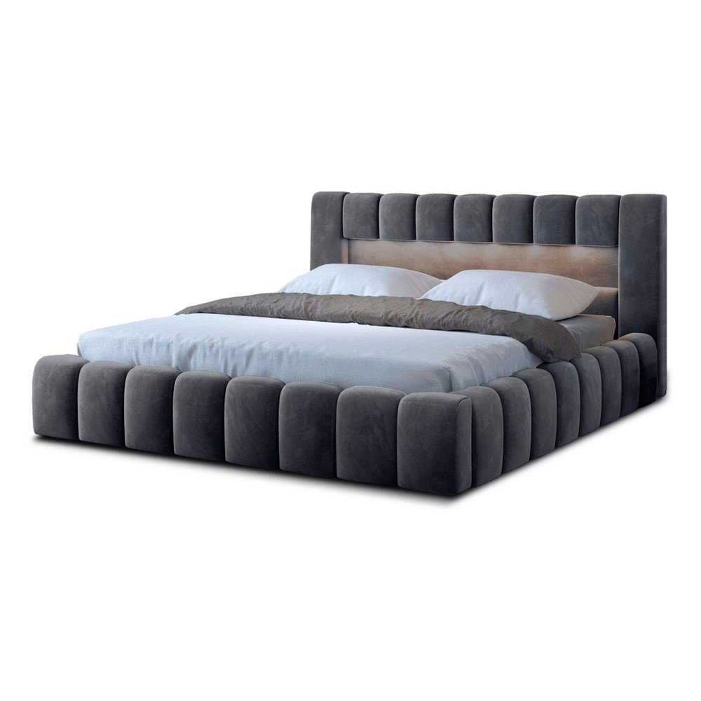 Szürke kárpitozott ágyneműtartós franciaágy ágyráccsal 160x200 cm Lamica – ELTAP