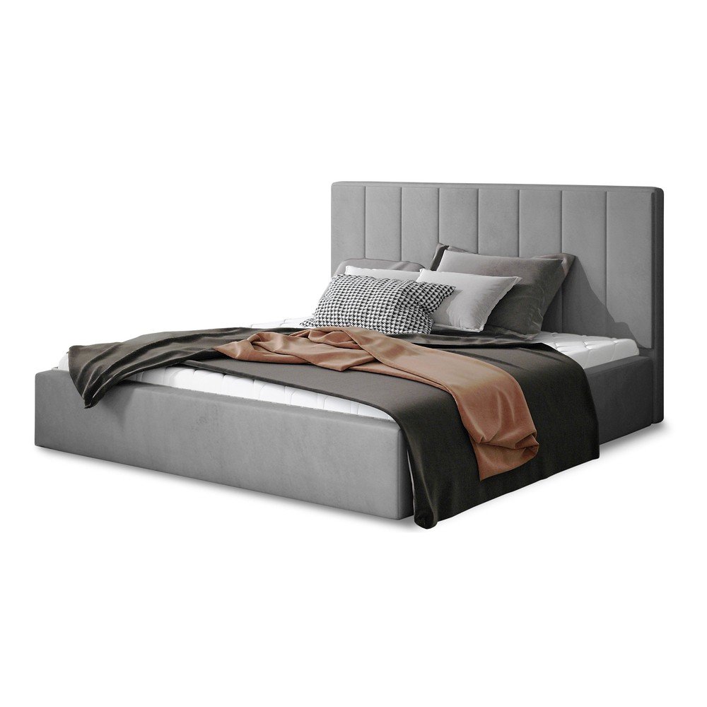 Szürke kárpitozott ágyneműtartós franciaágy ágyráccsal 200x200 cm Audrey – ELTAP