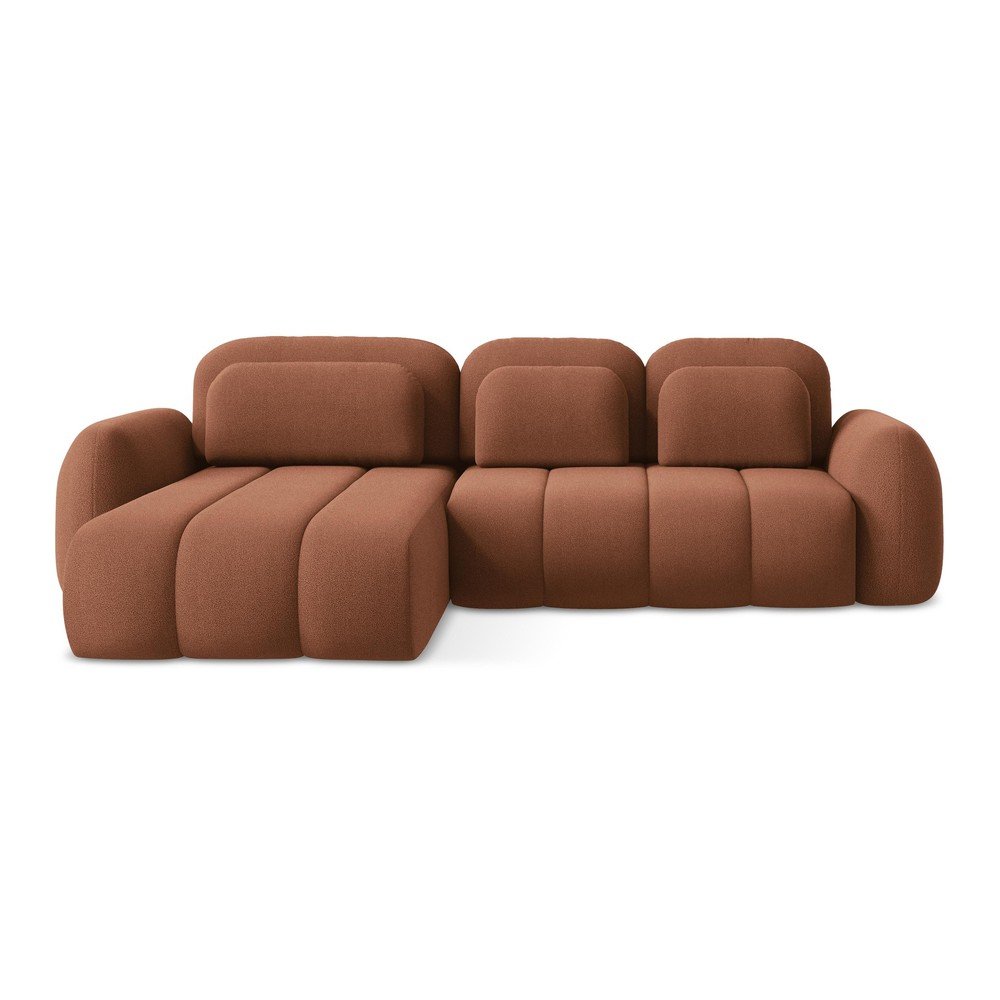 Terrakotta színű buklé kinyitható-tárolóhelyes sarokkanapé (bal oldali-heverő résszel) Pele – Makamii