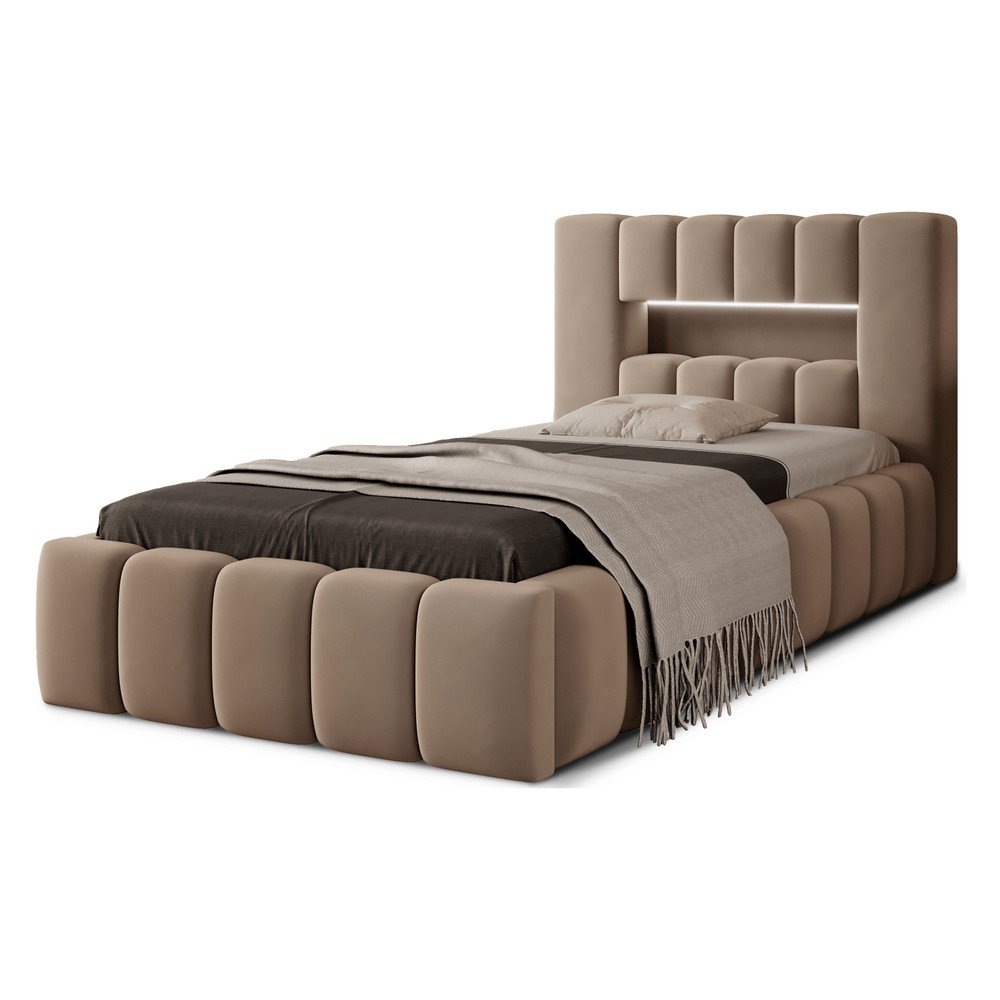 Világosbarna kárpitozott ágyneműtartós egyszemélyes ágy ágyráccsal 90x200 cm Lamica – ELTAP