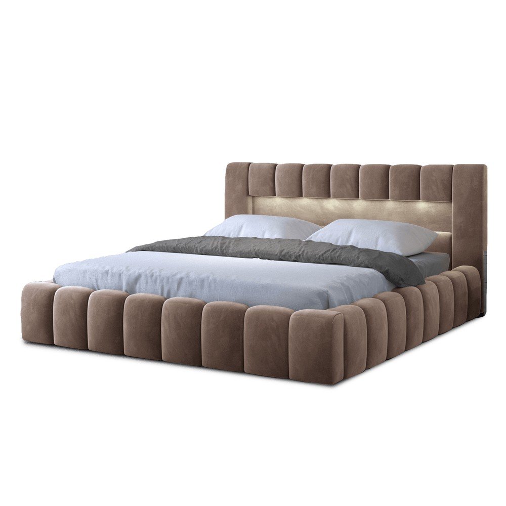 Világosbarna kárpitozott ágyneműtartós franciaágy ágyráccsal 160x200 cm Lamica – ELTAP