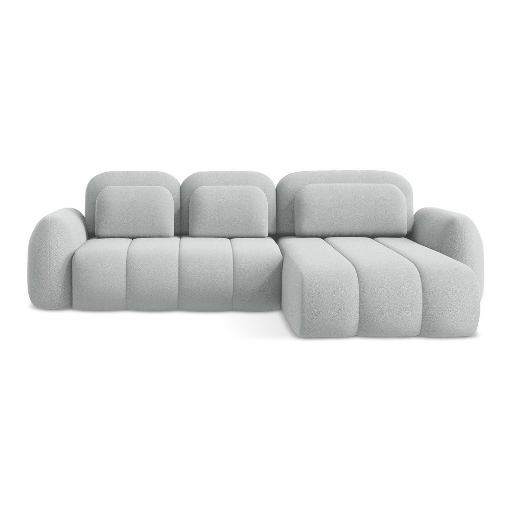 Világosszürke buklé kinyitható-tárolóhelyes sarokkanapé (jobb oldali-heverő résszel) Pele – Makamii