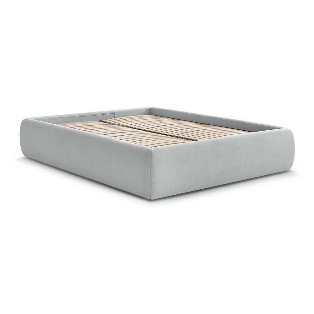 Világosszürke kárpitozott ágyneműtartós-ágytámla nélkül franciaágy ágyráccsal 160x200 cm Inera – Bobochic Paris