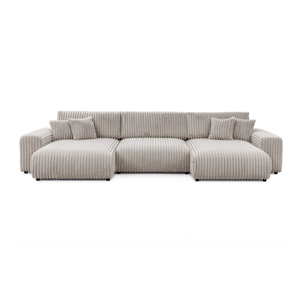 Világosszürke kordbársony kinyitható-tárolóhelyes (U alakú) sarokkanapé Sarina – Ropez