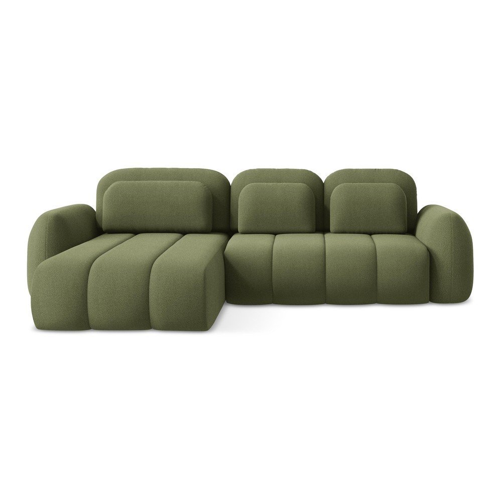 Zöld buklé kinyitható-tárolóhelyes sarokkanapé (bal oldali-heverő résszel) Pele – Makamii