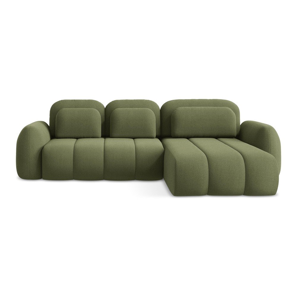 Zöld buklé kinyitható-tárolóhelyes sarokkanapé (jobb oldali-heverő résszel) Pele – Makamii