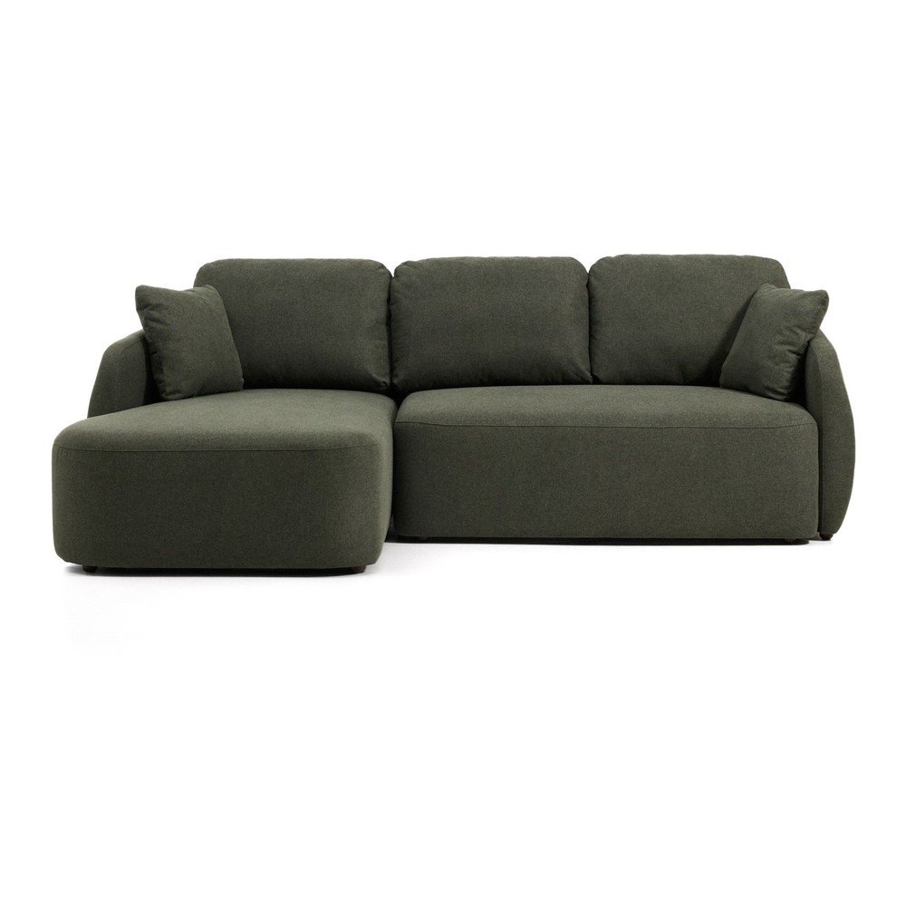 Sötétzöld zsenília kinyitható sarokkanapé (bal oldali-heverő résszel) Laira – Kave Home