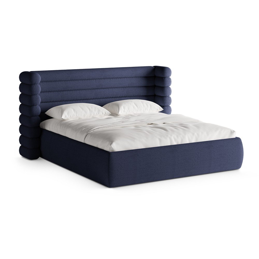 Kék kárpitozott ágyneműtartós franciaágy ágyráccsal 200x200 cm Mount – Micadoni