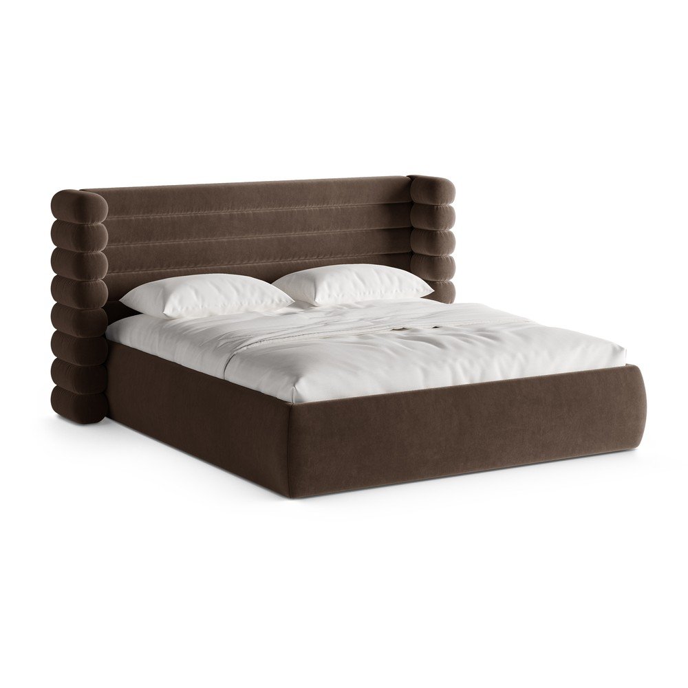 Barna kárpitozott ágyneműtartós franciaágy ágyráccsal 200x200 cm Mount – Micadoni