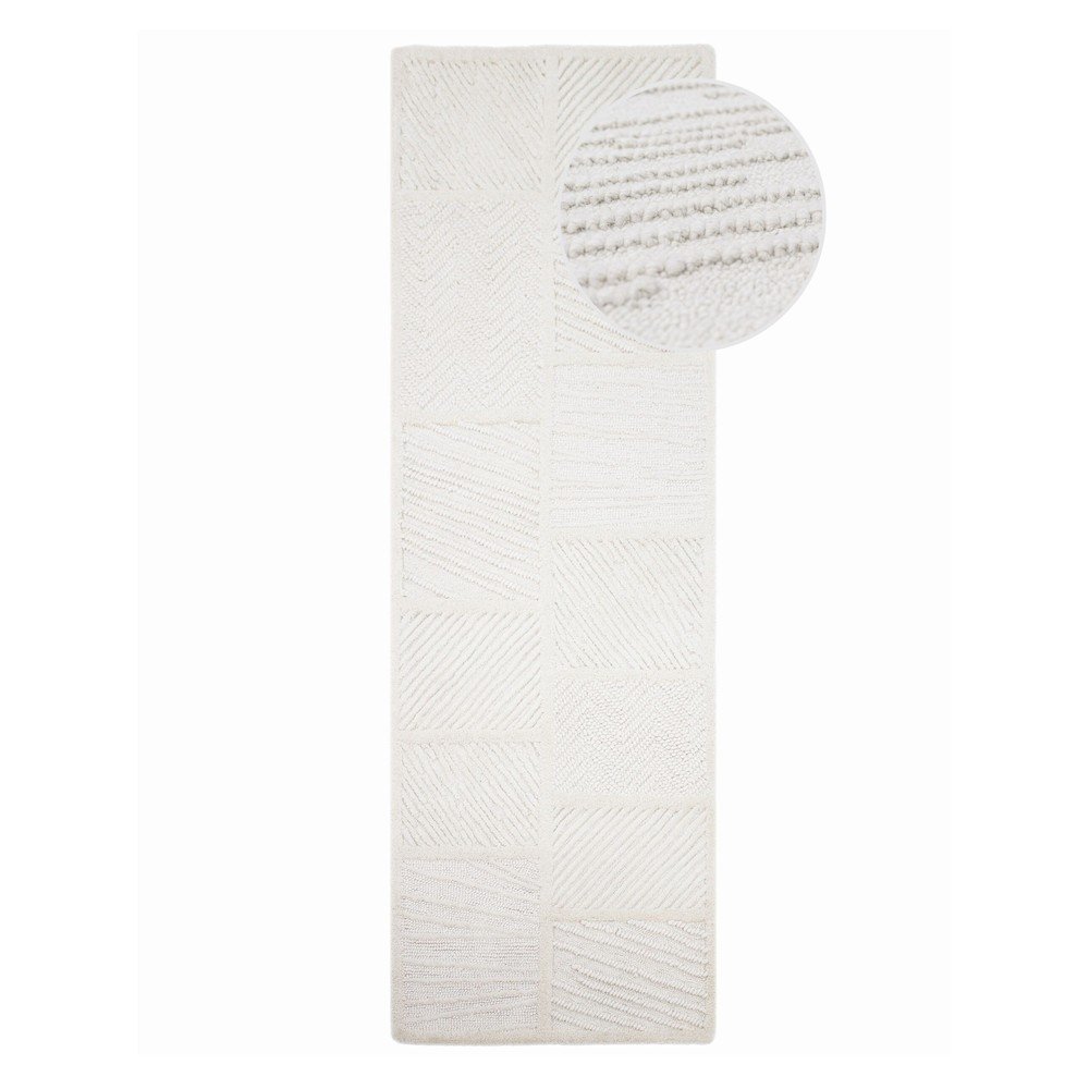 Fehér kézi szövésű gyapjúkeverék futószőnyeg 80x230 cm Sculptured Blocks – Flair Rugs