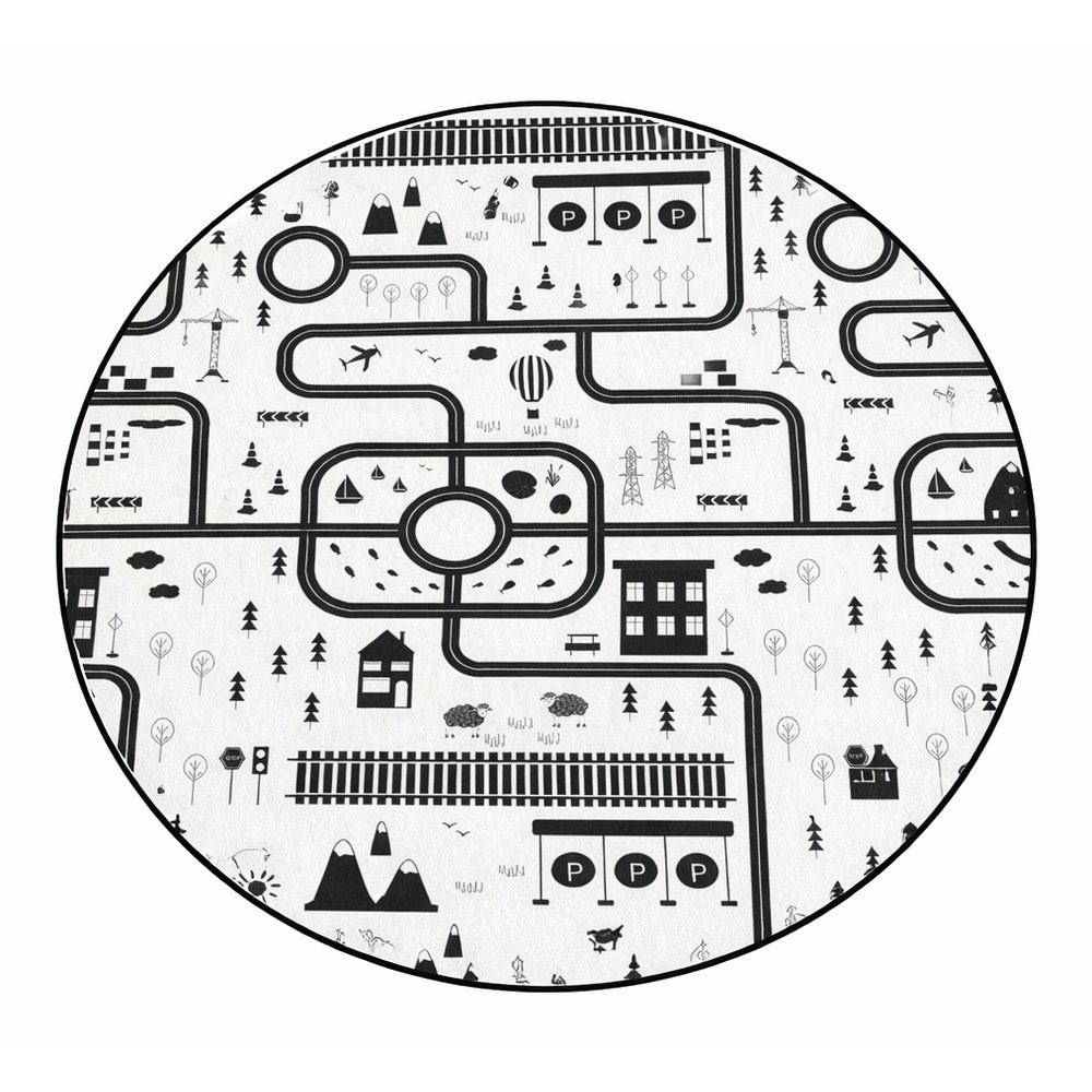 Fekete-fehér mosható gyerek játszószőnyeg ø150 cm In My Town – Mila Home