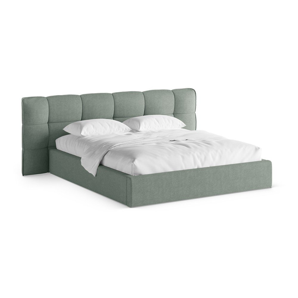 Mentazöld kárpitozott ágyneműtartós franciaágy ágyráccsal 200x200 cm Eric – Micadoni