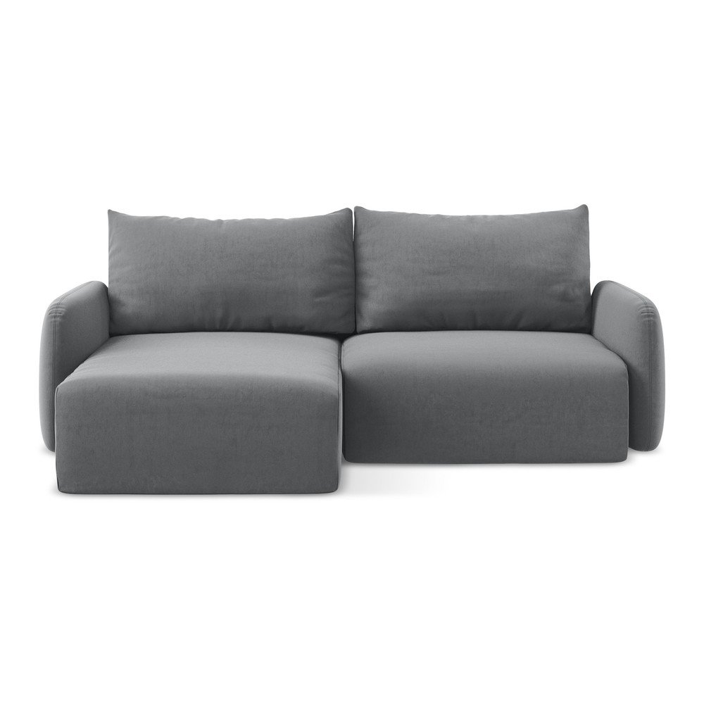 Szürke bársony kinyitható-tárolóhelyes sarokkanapé (bal oldali-heverő résszel) Kalena – Makamii