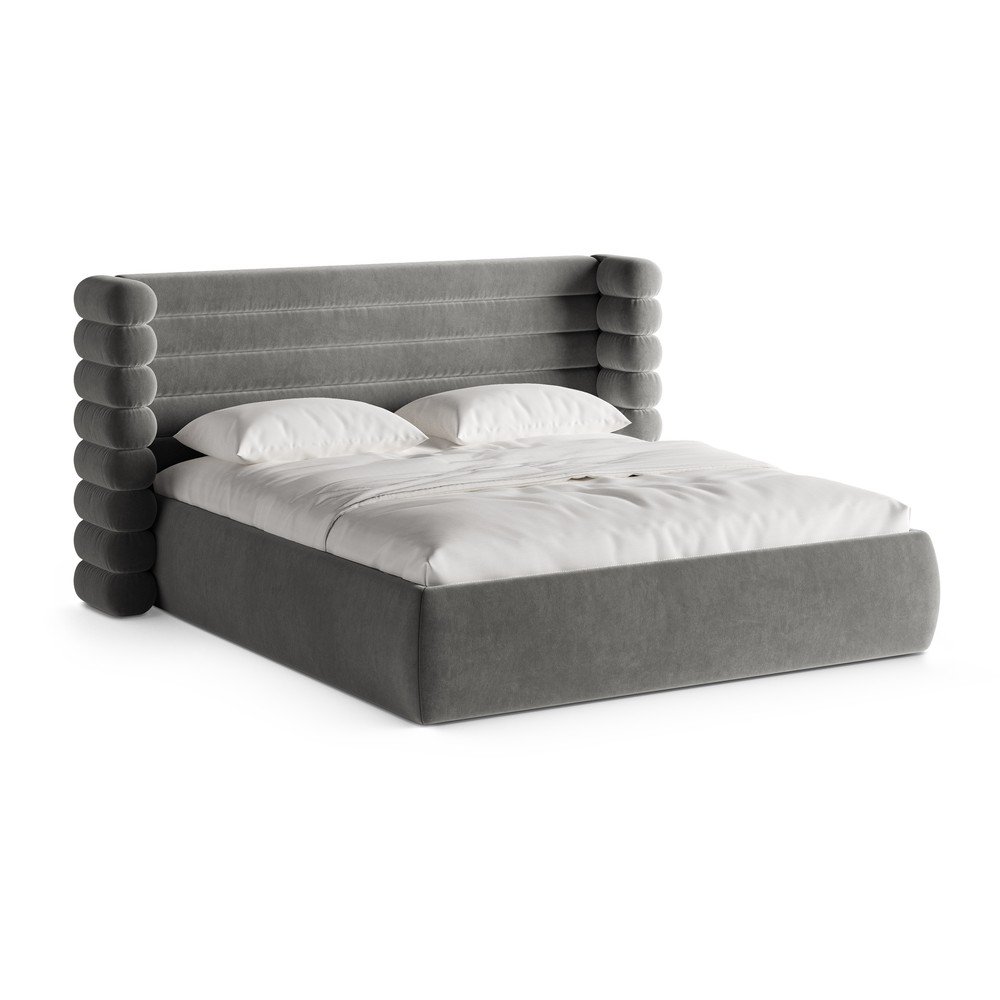 Szürke kárpitozott ágyneműtartós franciaágy ágyráccsal 200x200 cm Mount – Micadoni