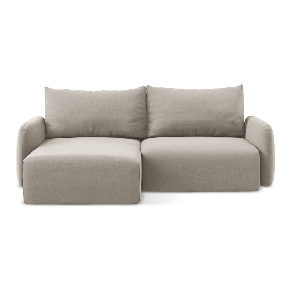 Szürkésbarna bársony kinyitható-tárolóhelyes sarokkanapé (bal oldali-heverő résszel) Kalena – Makamii