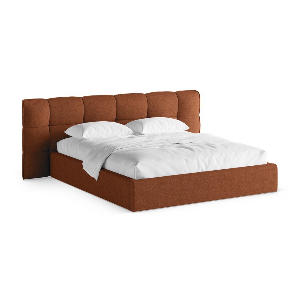 Téglavörös kárpitozott ágyneműtartós franciaágy ágyráccsal 180x200 cm Eric – Micadoni