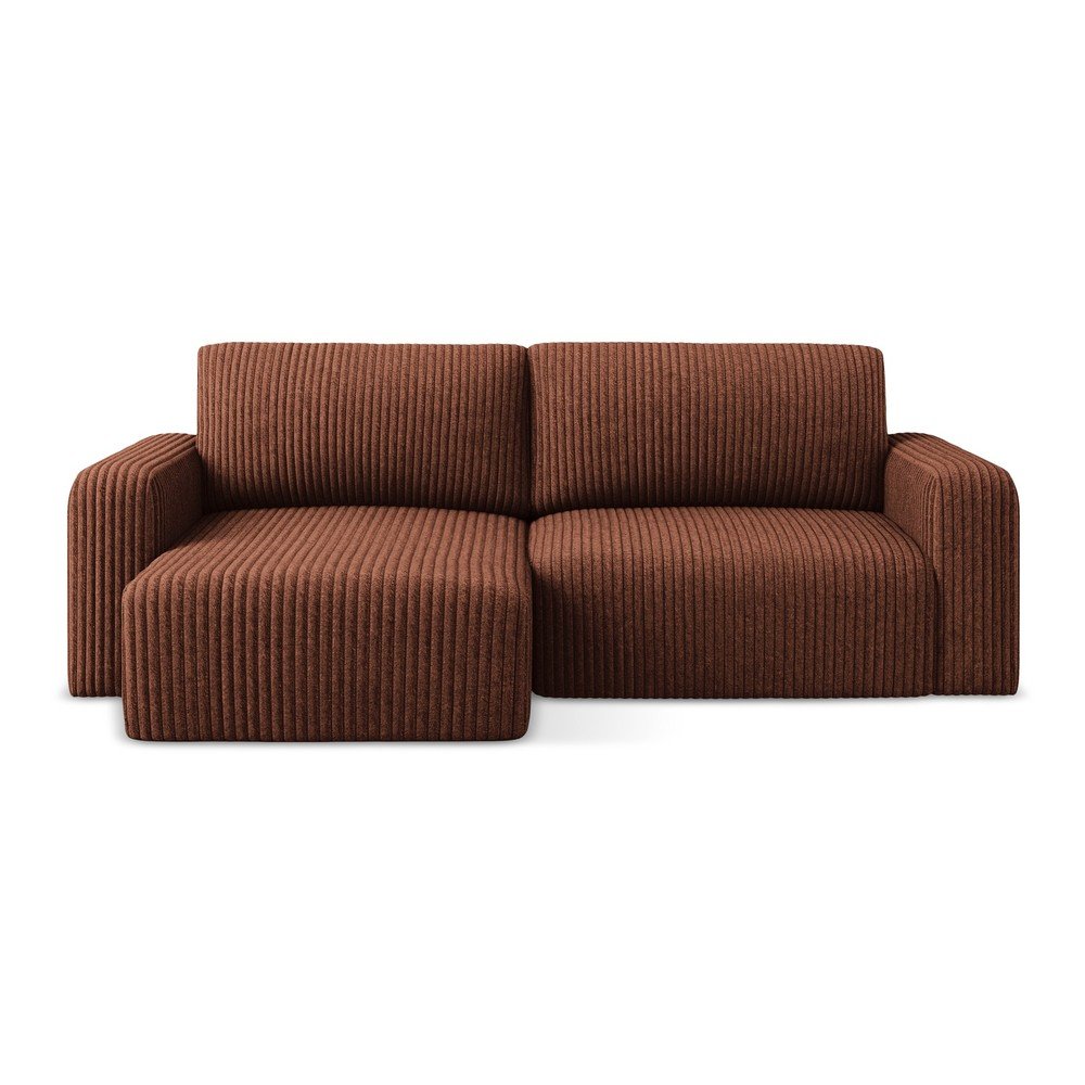 Terrakotta színű kordbársony kinyitható-tárolóhelyes sarokkanapé (bal oldali-heverő résszel) Kona – Makamii