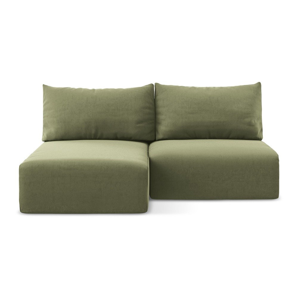 Zöld bársony kinyitható-tárolóhelyes sarokkanapé (bal oldali-heverő résszel) Kalena – Makamii