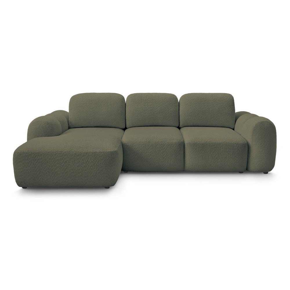 Zöld buklé kinyitható-tárolóhelyes sarokkanapé (bal oldali-heverő résszel) Montaigne – Bobochic Paris