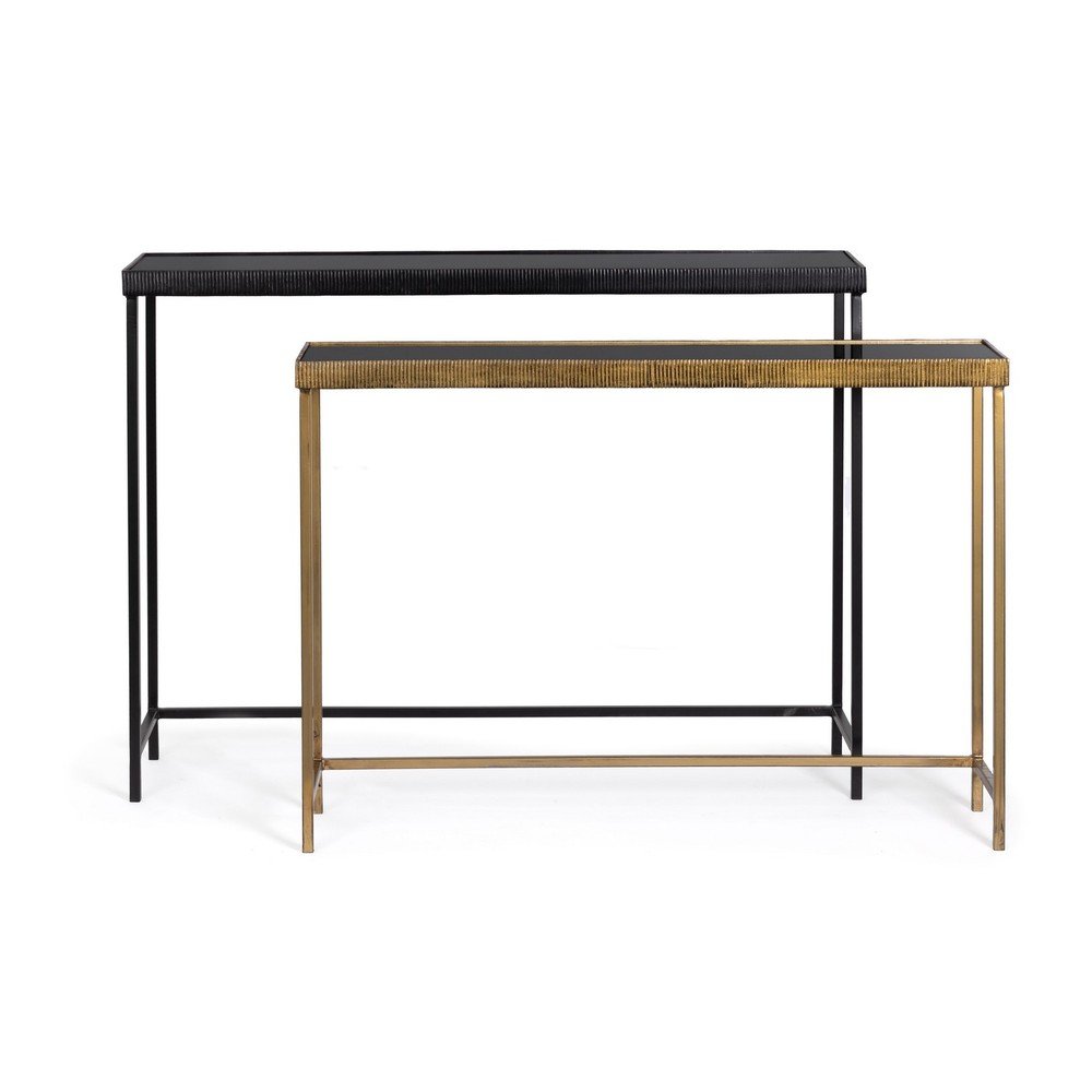 Fekete-aranyszínű konzolasztal szett 2 db-os üveg asztallappal 26x107 cm Yamir – Bizzotto